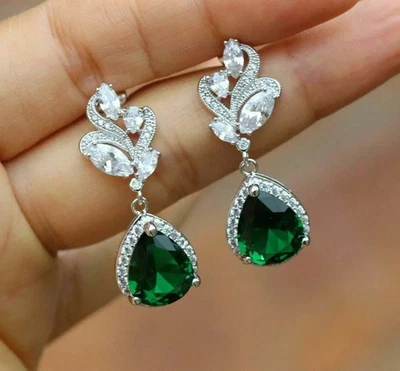3Ct Pear Lab Created Emerald Women Teardrop Dangle Earring 14K White Gold Plated - Image 1 of 4