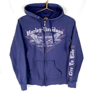 Felpa donna Harley Davidson vintage con cappuccio viola media full zip Y2k - Foto 1 di 4