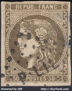 FRANCE BORDEAUX 30c BRUN VERDATRE N°47c CACHET AMBULANT PLIL PARIS A LILLE - Picture 1 of 2