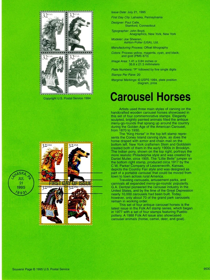 1995 USPS Souvenir Page 32¢ CAROUSEL HORSES 4 DESIGNS #9526 w/Watermark Archival - Image 1 of 1