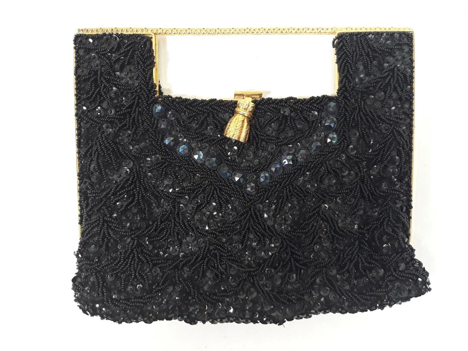 Monedero vintage Mid Century Vivant By Sarne negro con lentejuelas y cuentas Foto 1 de 4