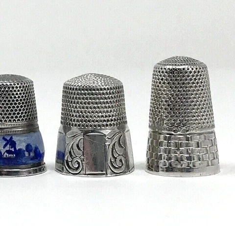 Five Vintage & Antique Sterling Silver & 935 Sewing Thimbles Enamel and More Cover