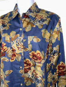 VTG Liz Claiborne LizWear Sz SMALL Blue Floral L/S Shirt Cotton 90s EUC - Picture 1 of 11