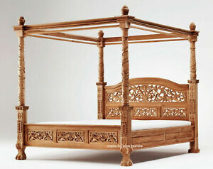 NEW Teak Wood Natural Carved French style Four poster floral design canopy bed 