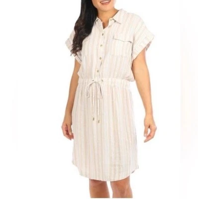 NEW Ellen Tracy Striped Linen Blend Drawstring Shirt Dress Beige White Size L - Image 1 of 4