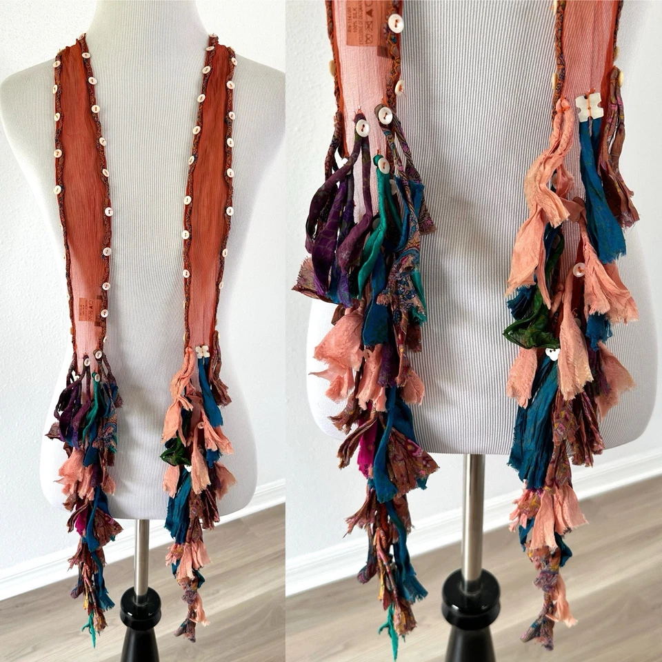 Chan Luu 2 Way Choker Shreds Scarf Boho Long Buttons Multicolor - Image 1 of 4