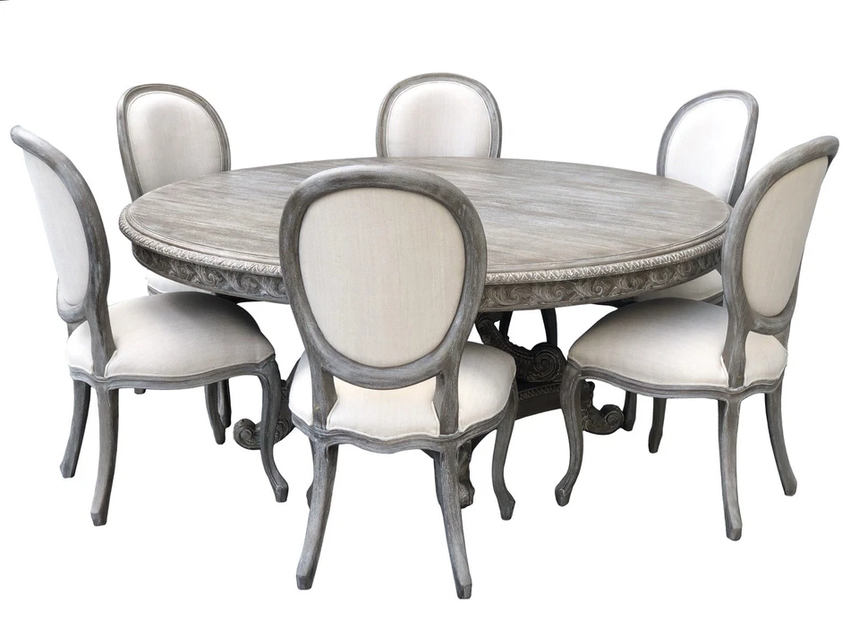 Carved Mahogany 7pc Round Dining Set Handcrafted Wood Table & Upholstered Chairs - Image 1 of 4