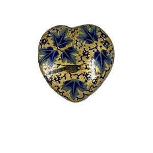 Vintage Hand Painted Heart Shape Trinket Box Paper Mache Lacquer Blue India 2" - Picture 1 of 10