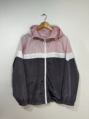 Maurices Colorblock Windbreaker Jacket Pink White Gray Hooded Full Zip Size M - Image 1 of 4
