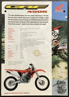 HONDA CRF450R STX1300 MOTORCYCLES Sales Specification Leaflet 2002 Australia - Image 1 of 2