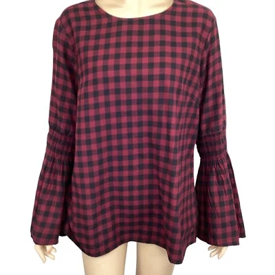 Beachlunchlounge maroon plaid buffalo plaid long bell sleeve top size large - Image 1 of 4