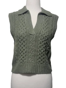 Pink Rose Green Bay Leaf V Neck Crop Sweater Vest Small NWT - Picture 1 of 11