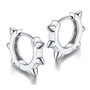 Punk Style Trendy 925 Sterling Silver Men Small Thorn Spike Huggie Hoop Earrings - Picture 1 of 5