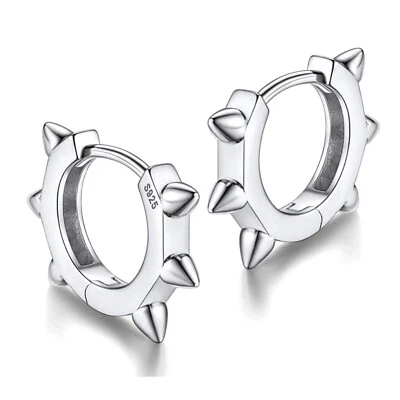 Punk Style Trendy 925 Sterling Silver Men Small Thorn Spike Huggie Hoop Earrings - Image 1 of 4