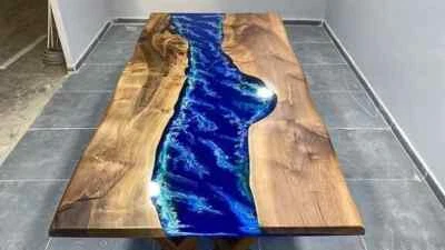 Walnut Wood Blue Emerald Electric Design Epoxy Resin Table-Live Edge-Wooden Deco - Image 1 of 3