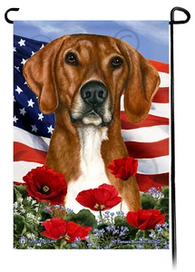 Patriotic Flowers Garden Flag - Red and White Plott Hound - Picture 1 of 1