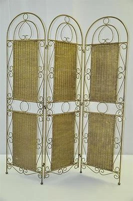 Antique French Three Section Gilded Wrought Iron and Rattan Decorative Screen  - Image 1 of 4