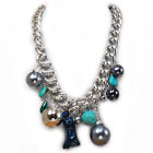 Blue Coral, Crystal Shell Pearl Chunky Silver Tone Chain Large Necklace 19-22"