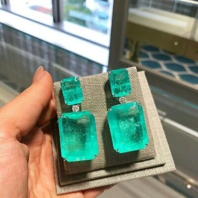 Astonishing Neon Colombian Emerald Dangle Drop Earrings 925 Sterling Silver - Image 1 of 4