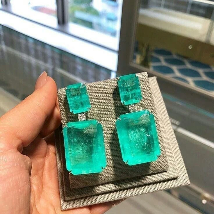 Astonishing Neon Colombian Emerald Dangle Drop Earrings 925 Sterling Silver - Image 1 of 4