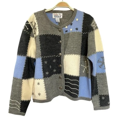 VTG Tally Ho Patchwork Ugly Cardigan Sweater Women PL Gray Blue Wool Whipstitch - Image 1 of 4