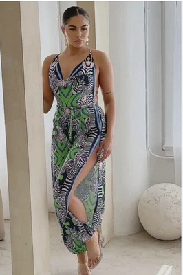 Her Bottari Green Blue Tan Drape Neck Backless Halter Leg Slit Jumpsuit Sz S - Image 1 of 4