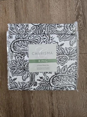 Charisma King Sheet 6 件套拉丝超细纤维黑色白色海登佩斯利 — 第 1/4 张图片