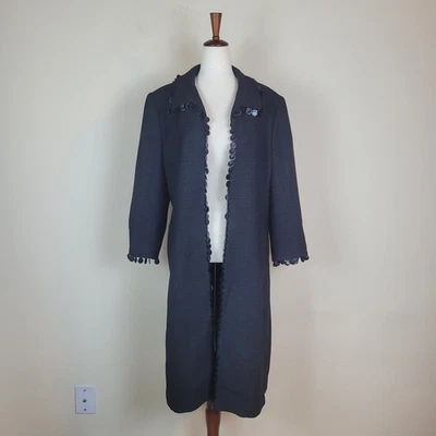 Escada Coat DE42 Large Black Tweed Wool Blend Sequin Trim Duster Long Jacket - Image 1 of 4
