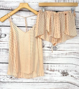 Midnight Bakery Women's 2-Pc. Geometric Satin Cami Pajamas Set Shorts Sexy Peach - Picture 1 of 3