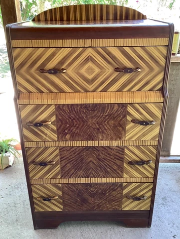 Vtg antique Art Deco Waterfall Highboy Dresser  chest of drawers pulls hardware Cover