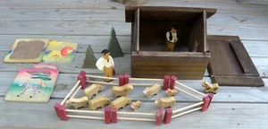 UNIQUE VINTAGE HAND CRAFTED WOOD ALPINE BARN CABIN BOX, MEN, ANIMALS + 2 JIGSAWS - Picture 1 of 12