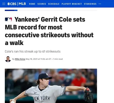 MLB RECORD! GERRIT COLE 61 STRIKEOUTS WITHOUT A WALK-Ks ## 1, 2, 47, & 61 + Walk - Image 1 of 4