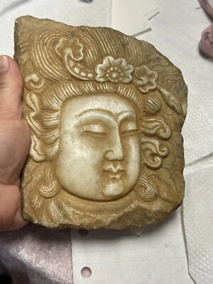 Antiga cabeça budista chinesa esculpida à mão pedra de mármore branco 7X5,5 pol - Imagem 1 de 4