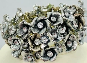 Wide Multi Row Crystal Rhinestone Studded Flower Stretch Bracelet - Picture 1 of 4