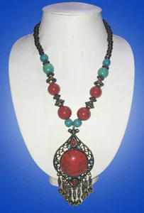 TIBETISCHE INDISCHE ROTE KORALLE HALSKETTE baumelnde Quaste GLOCKEN großer ANHÄNGER 25" lang - Bild 1 von 3