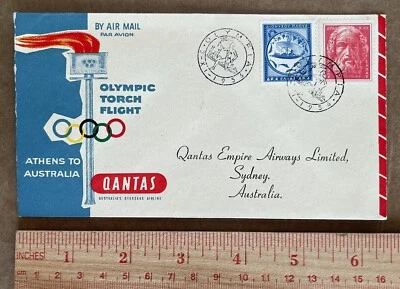 Cubierta de vuelo de la antorcha olímpica 1956 de Atenas a Australia Qantas Empire correo aéreo Foto 1 de 2