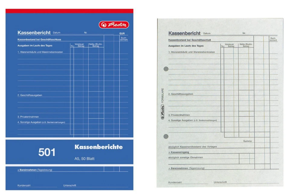 5 oder 10x herlitz Kassenberichte Nr. 501 Formularbuch Größe A5, 50 Blatt