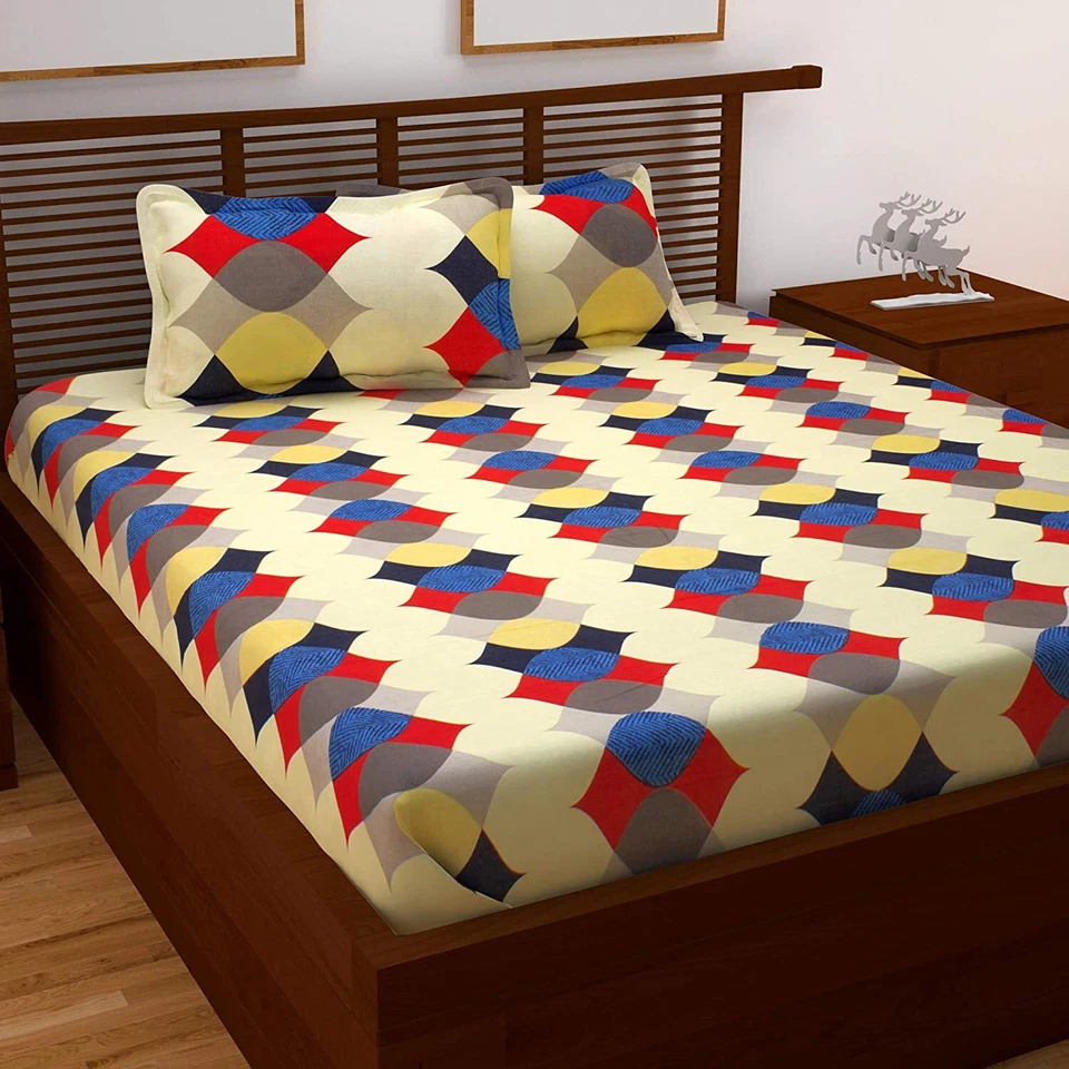 Sábana bajera doble estampada de algodón Jaipuri con 2 fundas de almohada tamaño queen, multi Foto 1 de 4