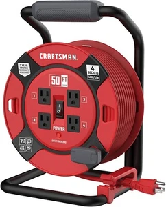 CRAFTSMAN Retractable Extension Cord Reel 50 Ft &  4 Outlets And Heavy Duty 14A - Picture 1 of 8