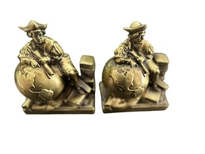 Vintage Christopher Columbus World Globe Brass Bookends Craftsman - Picture 1 of 3