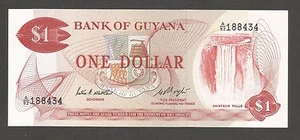 Guyana 1 Dollar N.D. (1983); UNC, P-21e; BNB-B101f; Waterfalls, Harvester - Picture 1 of 2