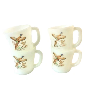 FIRE KING GLASS SET 4 COFFEE TEA MUGS RING NECKED PHEASANTS D HANDLE VTG USA  - Picture 1 of 12