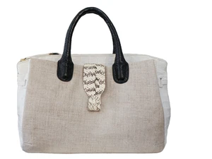 NANCY GONZALEZ Cristina White Crocodile and Natural Canvas Tote Satchel - Picture 1 of 7
