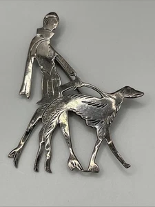 ANTIKE STERLINGSILBER ART DECO BROSCHE DAME SPAZIEREN GEHEN HUND ANSTECKNADEL SIGNIERT SAMMLERSTÜCK - Bild 1 von 7