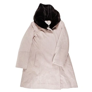 Calvin Klein Coat Womens M Taupe Wool Blend Fur Hooded Zip Front - Picture 1 of 10