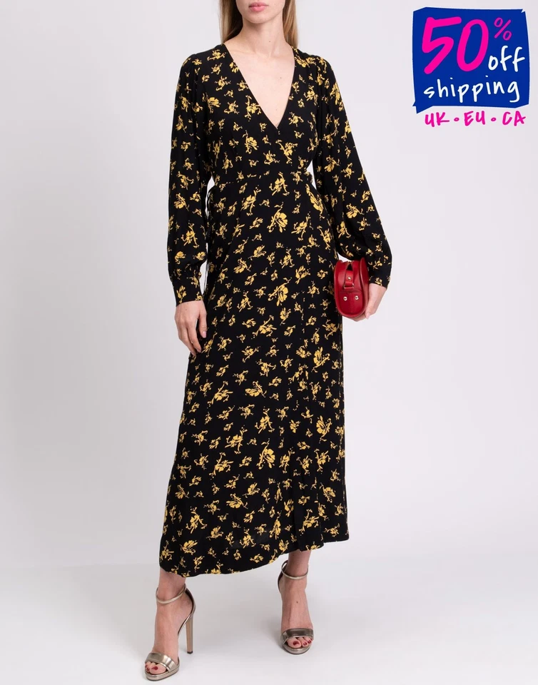 RRP€223 GANNI Midi Wrap Dress EU36 US6 UK10 M Floral Tie Waist Deep V Neck - Image 1 of 4