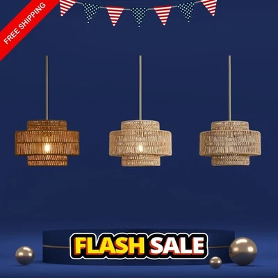 Lámpara colgante de ratán boho de 12,4", araña rústica tejida a mano para el hogar Foto 1 de 4