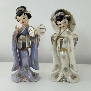 Par de estatuillas de geisha porcelana ver las fotos estilo japonés kimono sombrilla tambor - Imagen 1 de 14