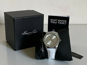 NEW! KENNETH COLE RHINESTONES-ACCENTED WHITE GENUINE LEATHER STRAP WATCH $115