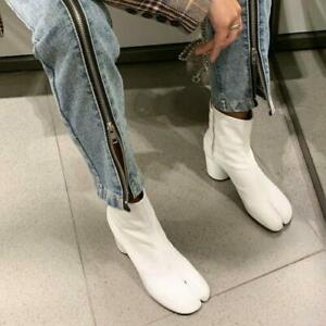 Womens Tabi Split Toe Bootie Block Heel Side Zip Ankle Boots Leather Shoes 34-40
